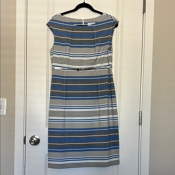 Calvin Klein Dresses & Skirts - Calvin Klein Cap Sleeve Stripe Belted Dress Blue, White, Grey Size 12